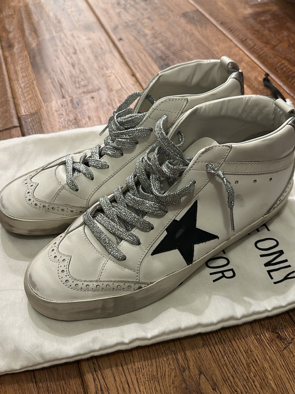 Golden Goose White High-Top Sneakers with Black Star and Silver Laces